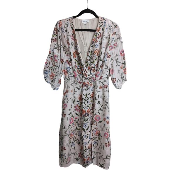 Anthro Laia White Floral 3/4 Sleeve V-Neck Midi Dress Turkey Botanical Size 4 - Picture 2 of 9
